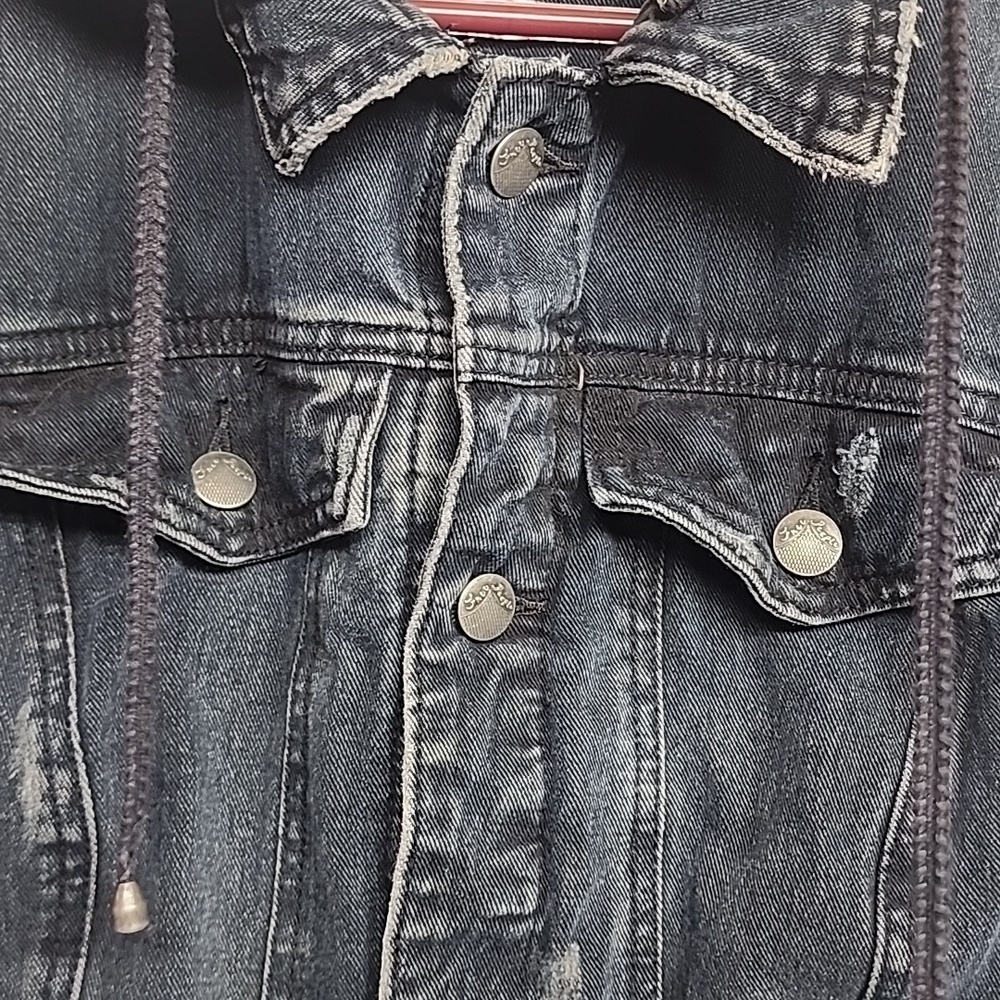 Free People Vintage Distressed Indigo Denim Gray Sleeves Hooded Jacket Sz L - Picture 4 of 10